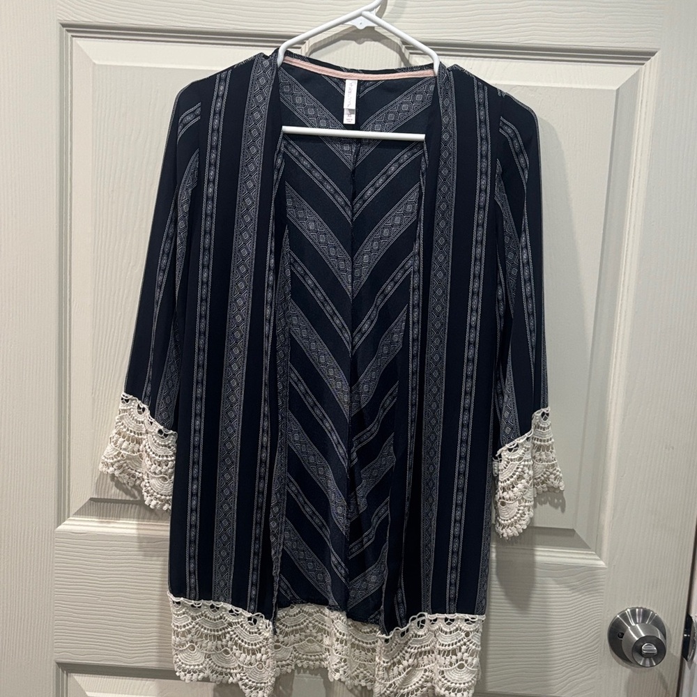 Xhilaration Navy and White Lace Trim Blazer